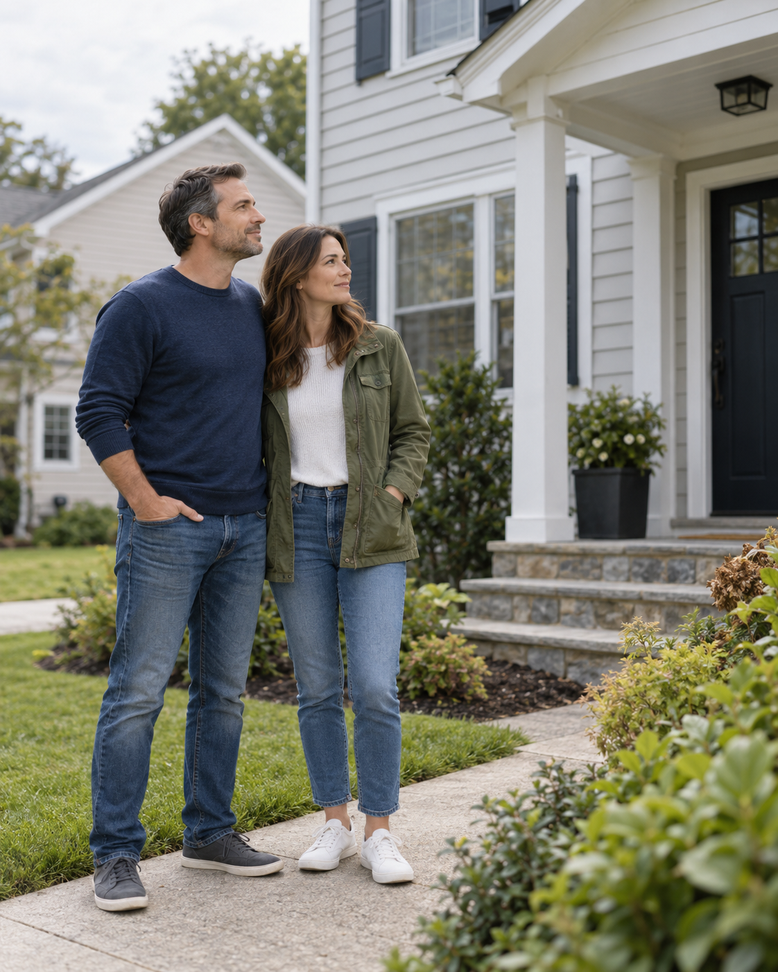 Homeowners standing outside their suburban home